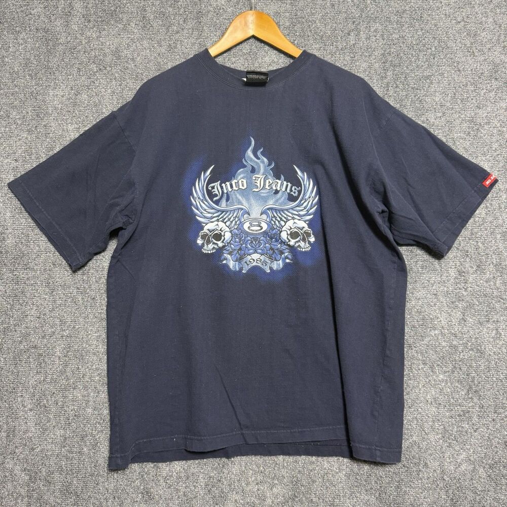 Rare JNCO navy blue flame skull tee 8ball Size XL